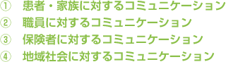 ①　患者・家族に対するコミュニケーション②　職員に対するコミュニケーション③　保険者に対するコミュニケーション④　地域社会に対するコミュニケーション